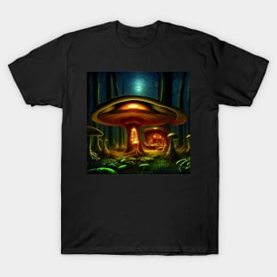 Magical Big Cottage Mushroom House with Lights in Forest with High Trees, Mushroom Aesthetic T-Shirt